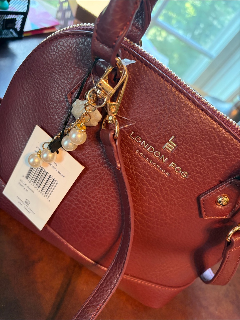 London Fog Wine Red Dome Satchel with Pearl Charm - Picture 4 of 6